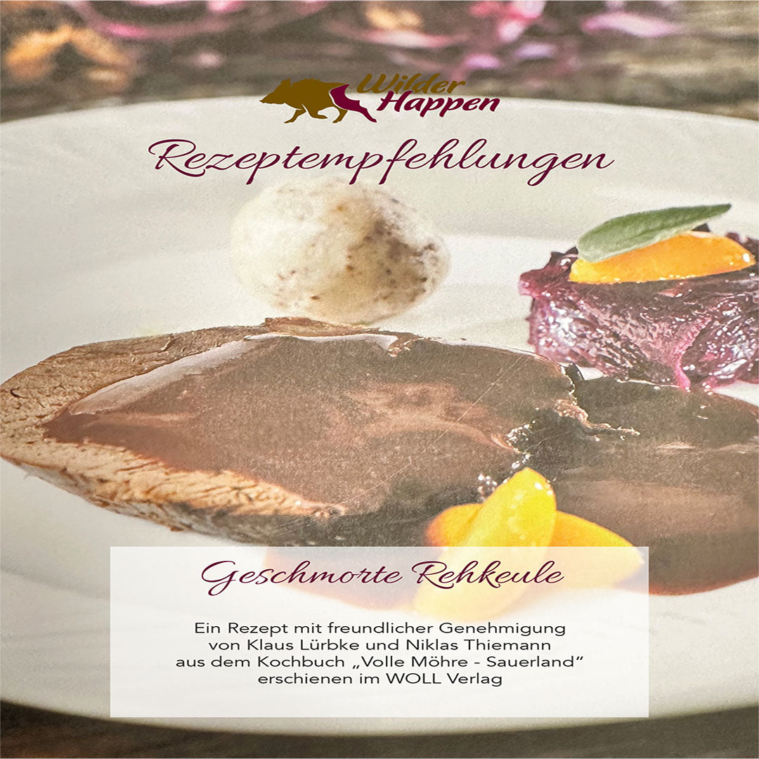 Geschmorte Rehkeule mit Preiselbeersoße, Rotkohl und Kartoffel-Buchecker-Klößen
